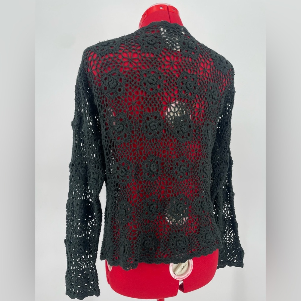 Vintage Hand Knit Gothic Black Floral Crocheted Cardigan Sweater / Open Knit - Picture 12 of 13